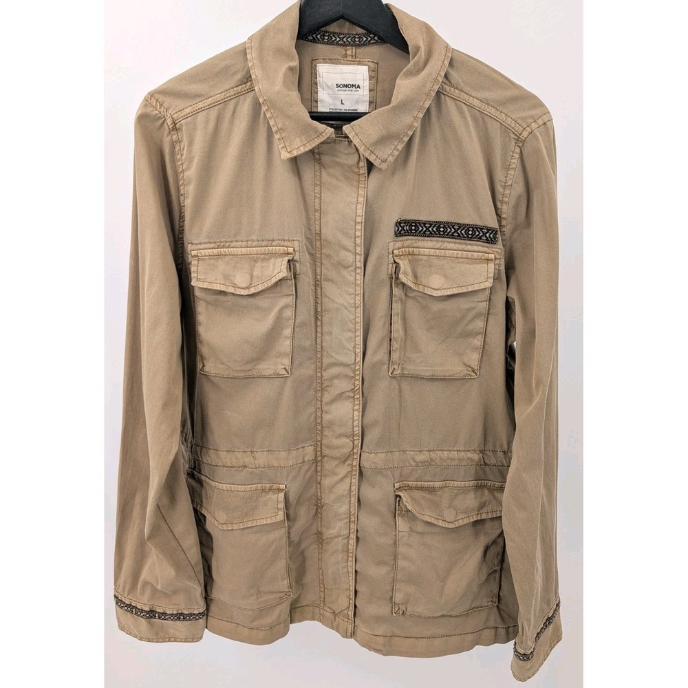 Sonoma Khaki Military Utility‎ Jacket Embroidered Trim Size L Spring Lightweight